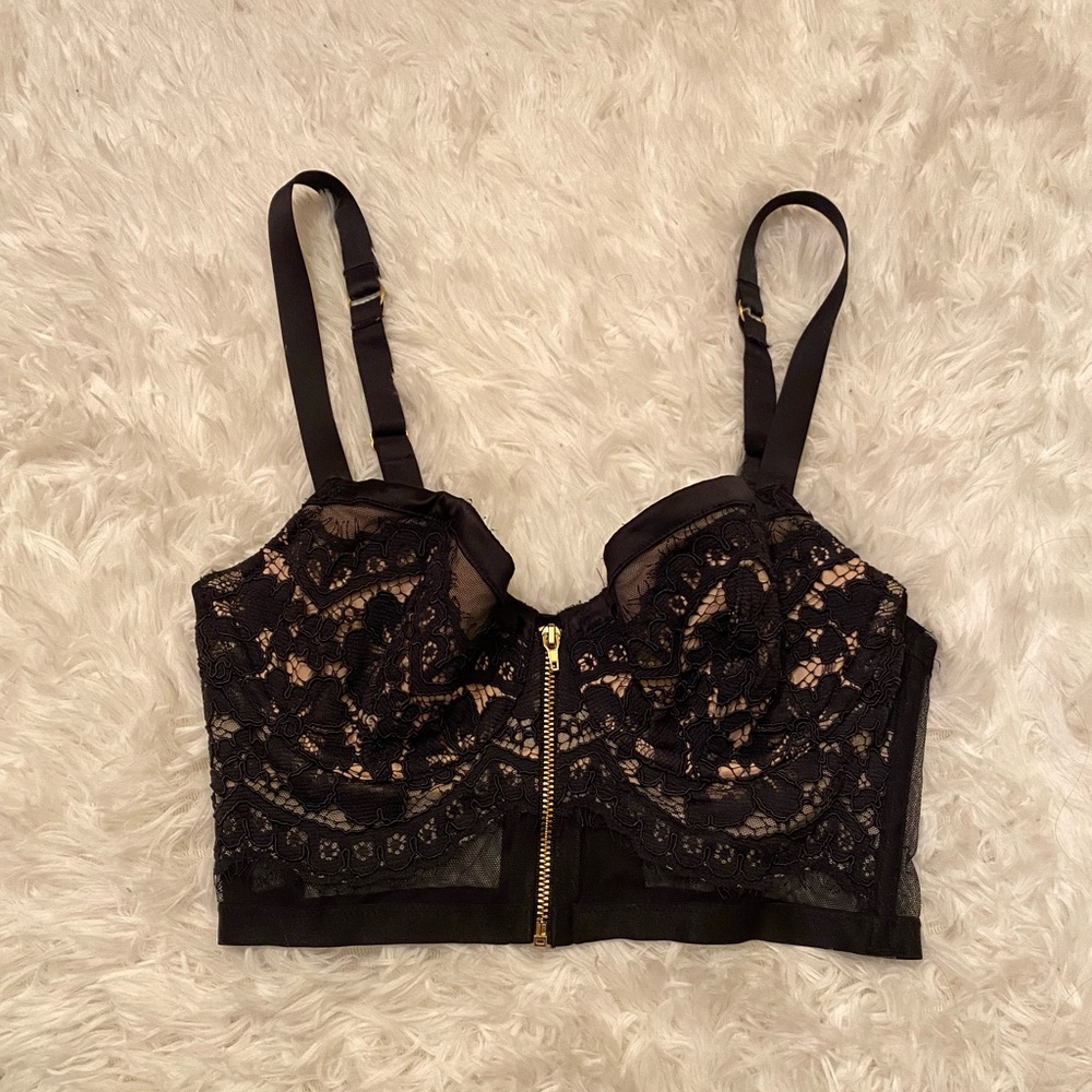 Victoria’s Secret Bustier Zip Corset Top | Black Lace + Golden/Beige.